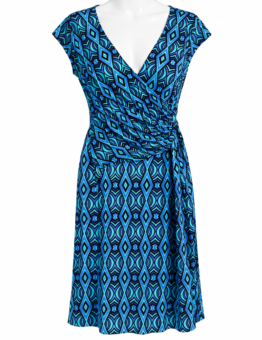 Evan Picone Dress Womens Size 6 Blue Teal Black Geometric Wrap V-Neck Knee